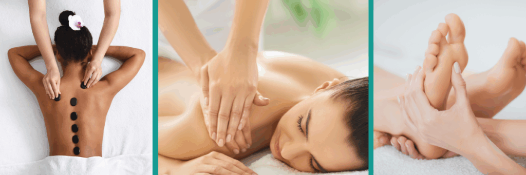 Three different women receiving massages - hot stone massage, Swedish massage, and a foot massage.